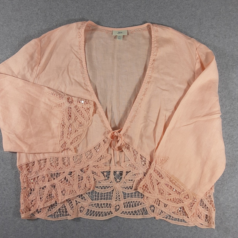 J.Jill Petite Large Peach Linen Crochet Lace Tie Front Shrug Bolero Cardigan